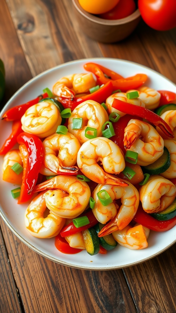 Shrimp stir-fry with colorful vegetables on a rustic wooden table.